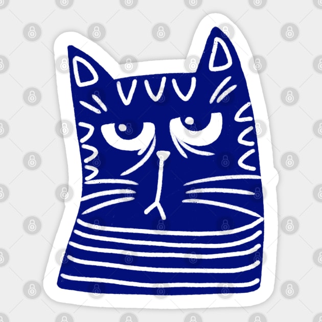 Blue and white cat head with grumpy face Sticker by iulistration